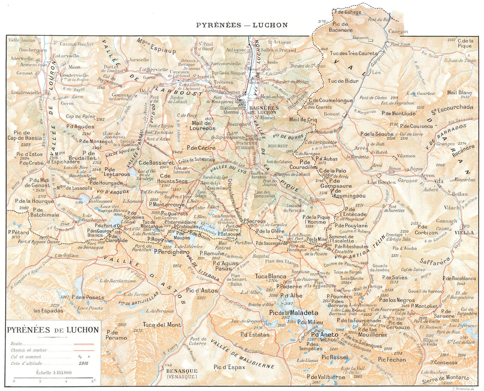 HAUTE- GARONNE. Pyrénées de Luchon 1900 old antique vintage map plan chart